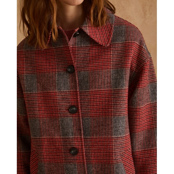 LONG PLAID WOOL COAT RED