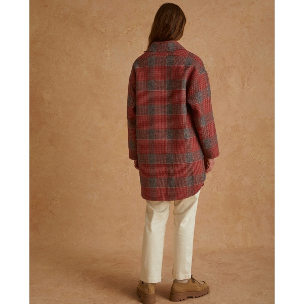 LONG PLAID WOOL COAT RED