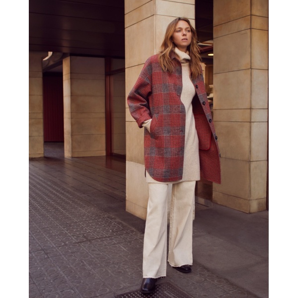 LONG PLAID WOOL COAT RED