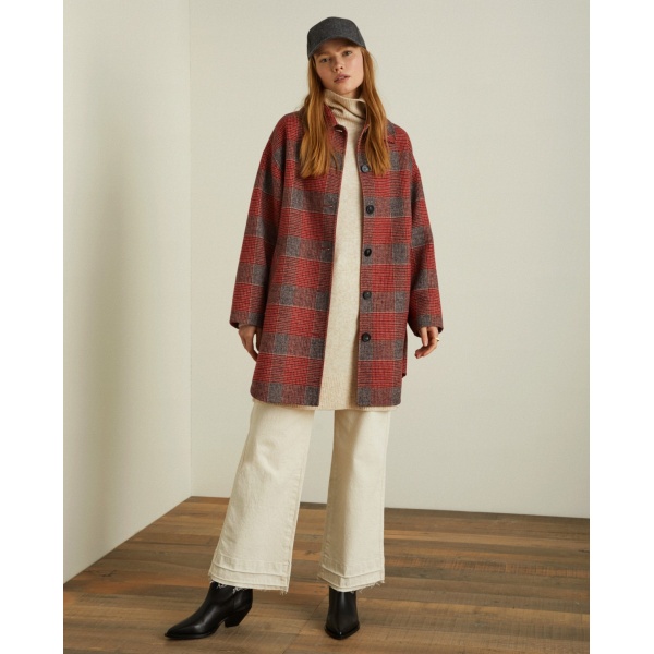 LONG PLAID WOOL COAT RED