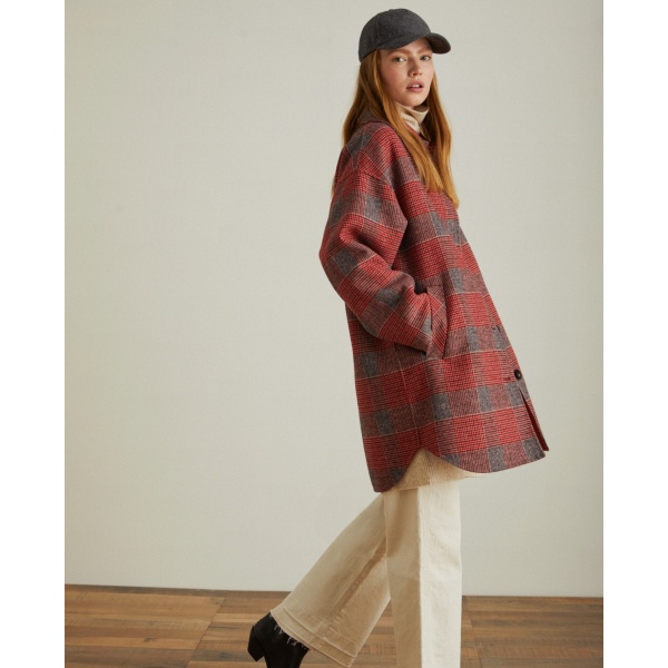 LONG PLAID WOOL COAT RED