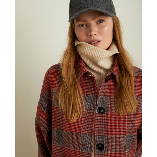 LONG PLAID WOOL COAT RED