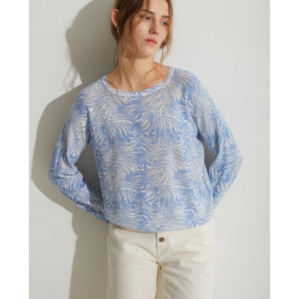 Print Linen-Cotton Sweater Blue