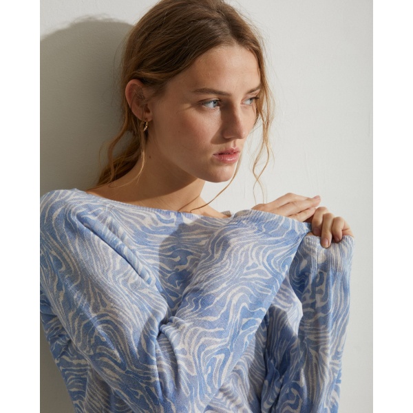 Print Linen-Cotton Sweater Blue