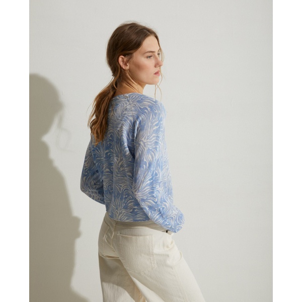 Print Linen-Cotton Sweater Blue