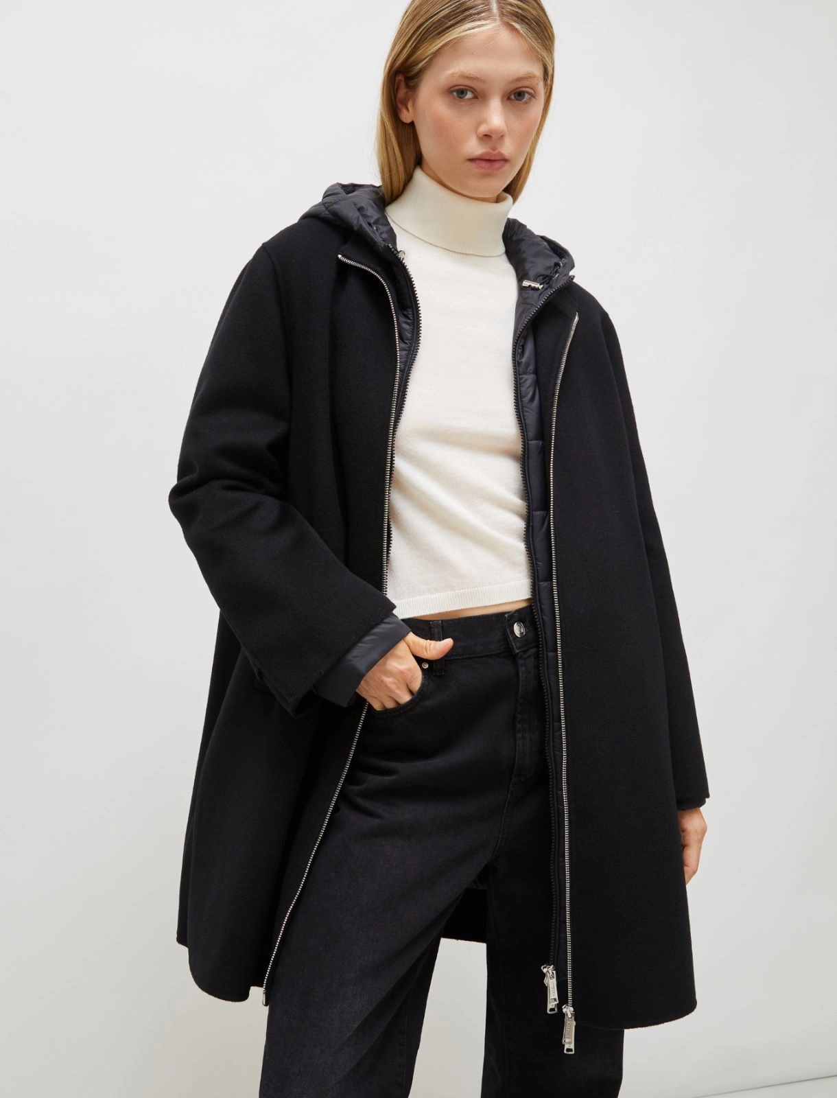 Coat and hooded padded jacket