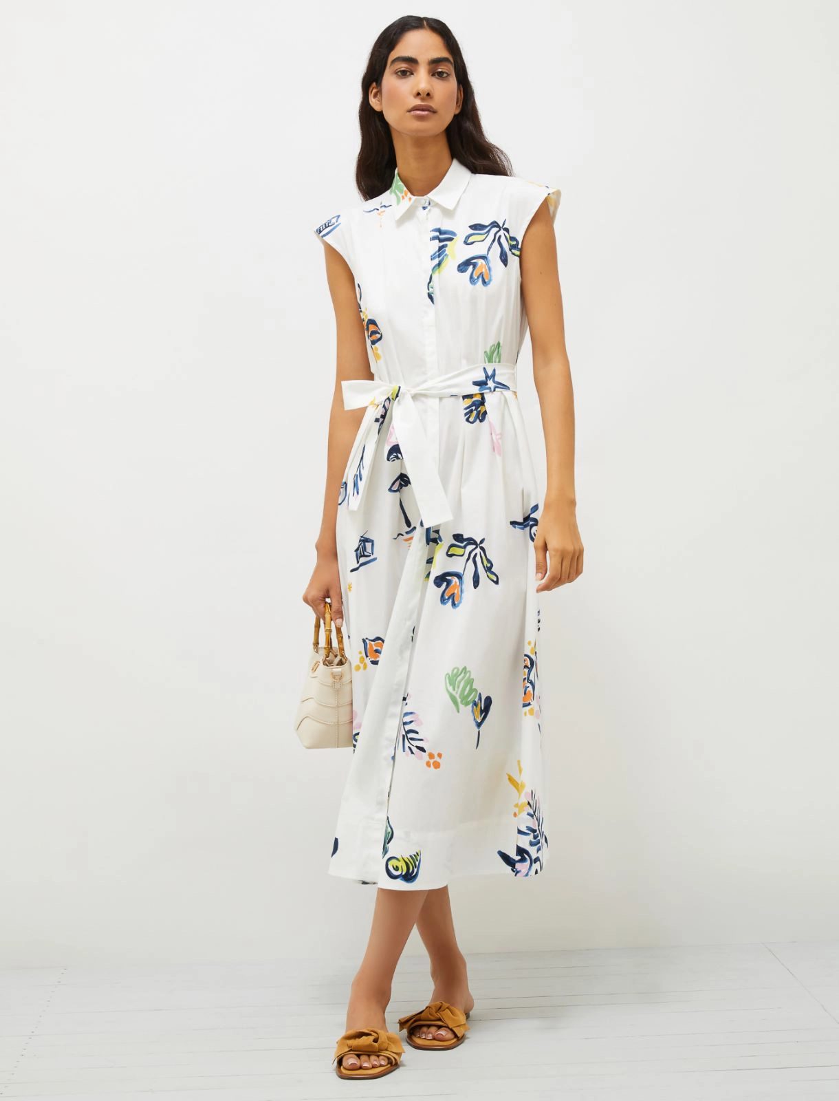 Stretch poplin belted dress - OPTICAL WHITE