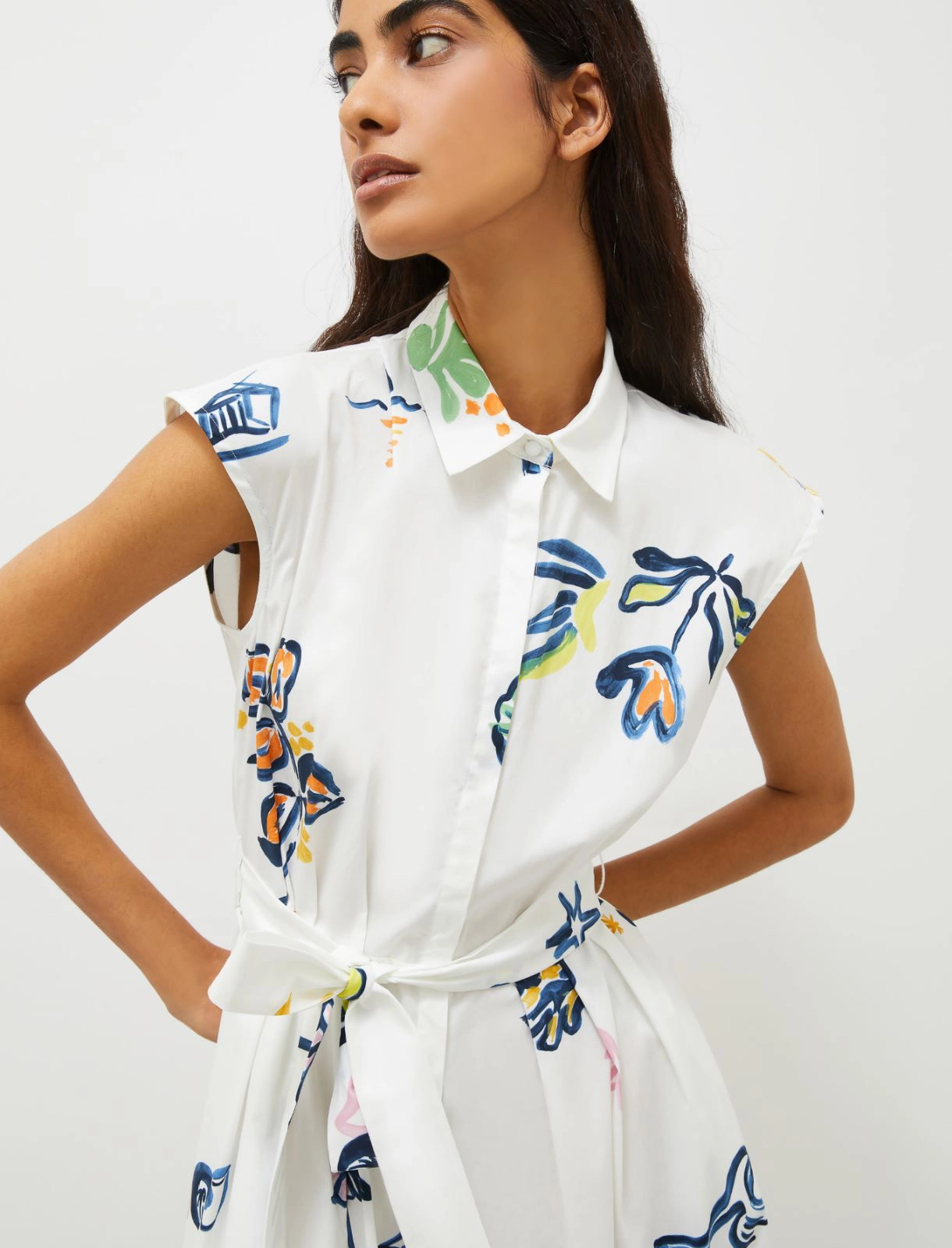 Stretch poplin belted dress - OPTICAL WHITE