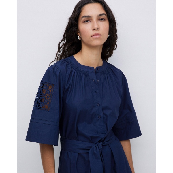 Dark blue poplin lace-edged dress