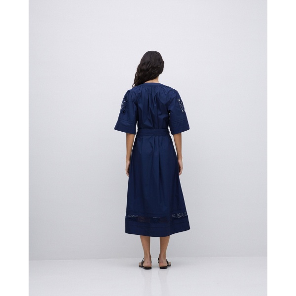 Dark blue poplin lace-edged dress