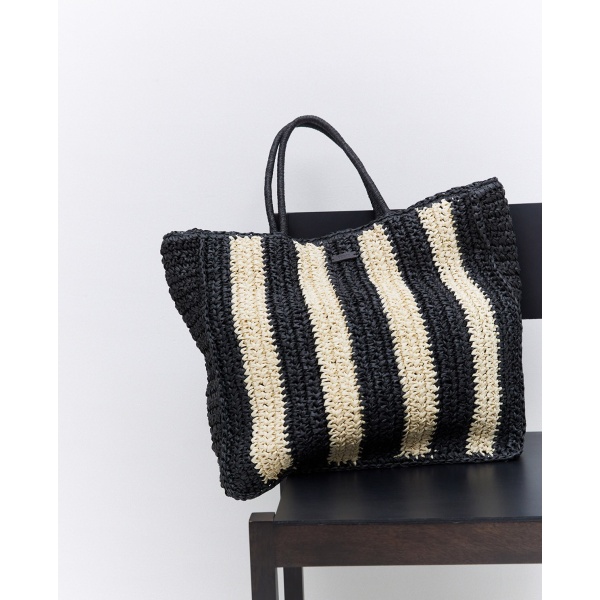 Ecru and black raffia shopper bag