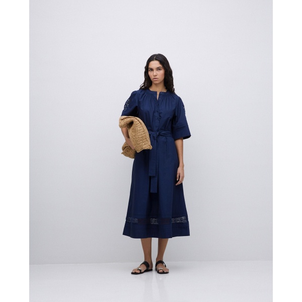 Dark blue poplin lace-edged dress