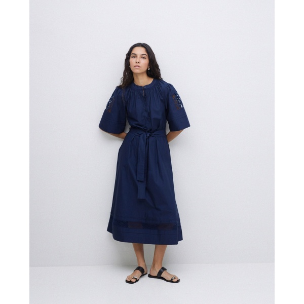 Dark blue poplin lace-edged dress