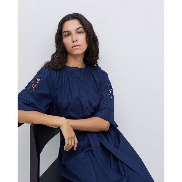 Dark blue poplin lace-edged dress