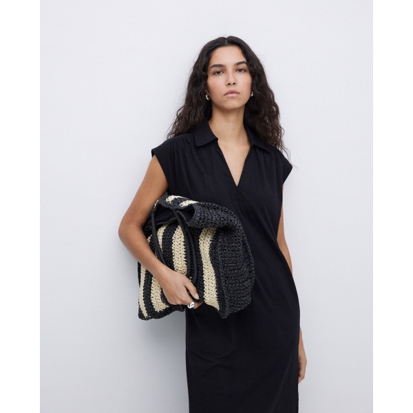 Ecru and black raffia shopper bag